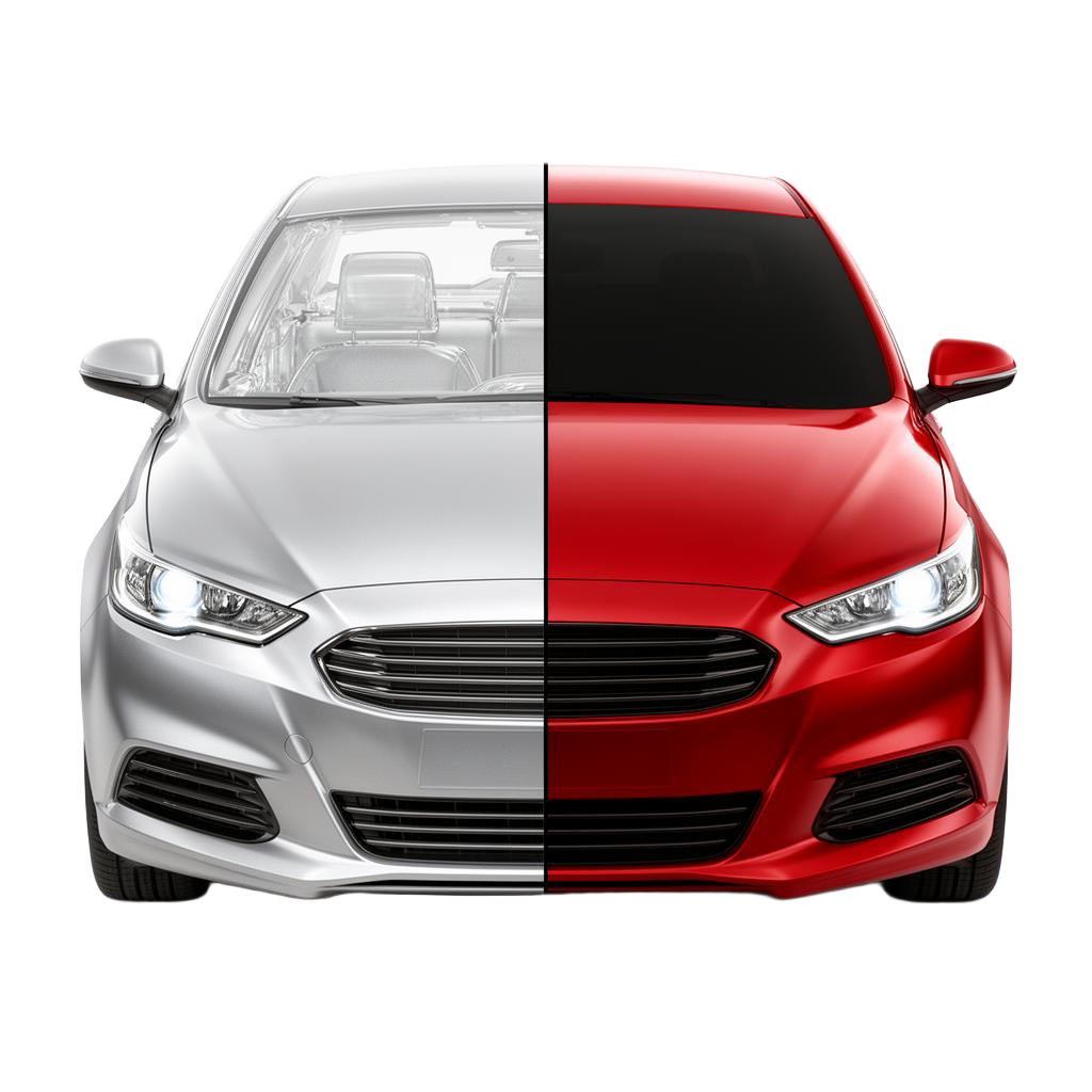 Before and after — silver car with clear windows on the left, red vinyl wrapped car with tinted windows on the right